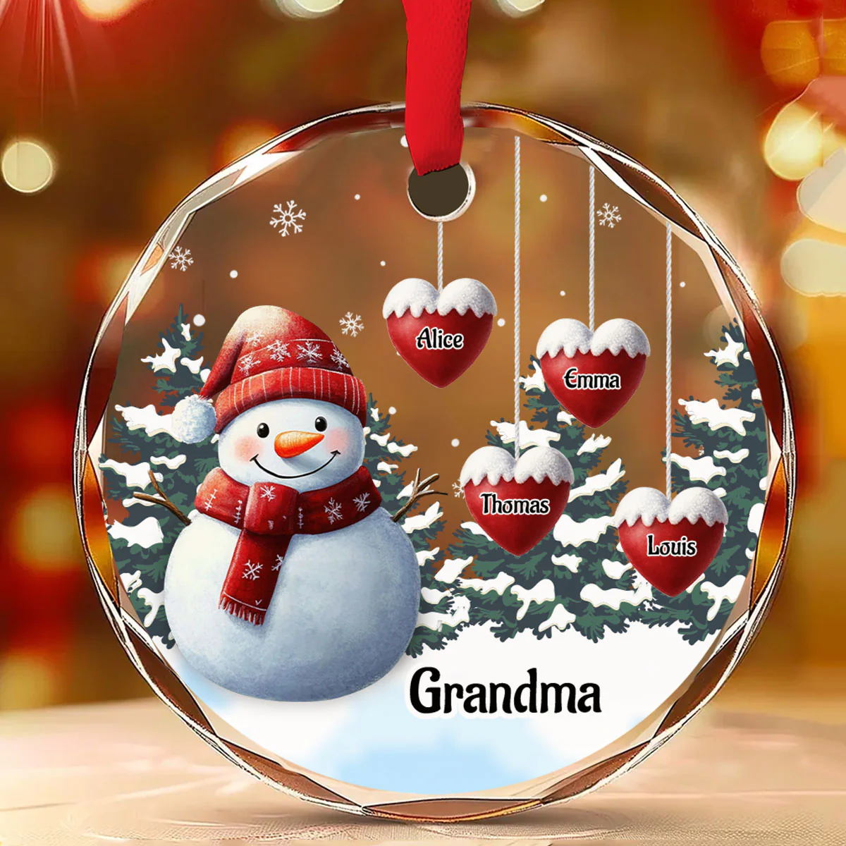 Snowman Kid And Grandma - Personalized Custom Glass Ornament - Image 2