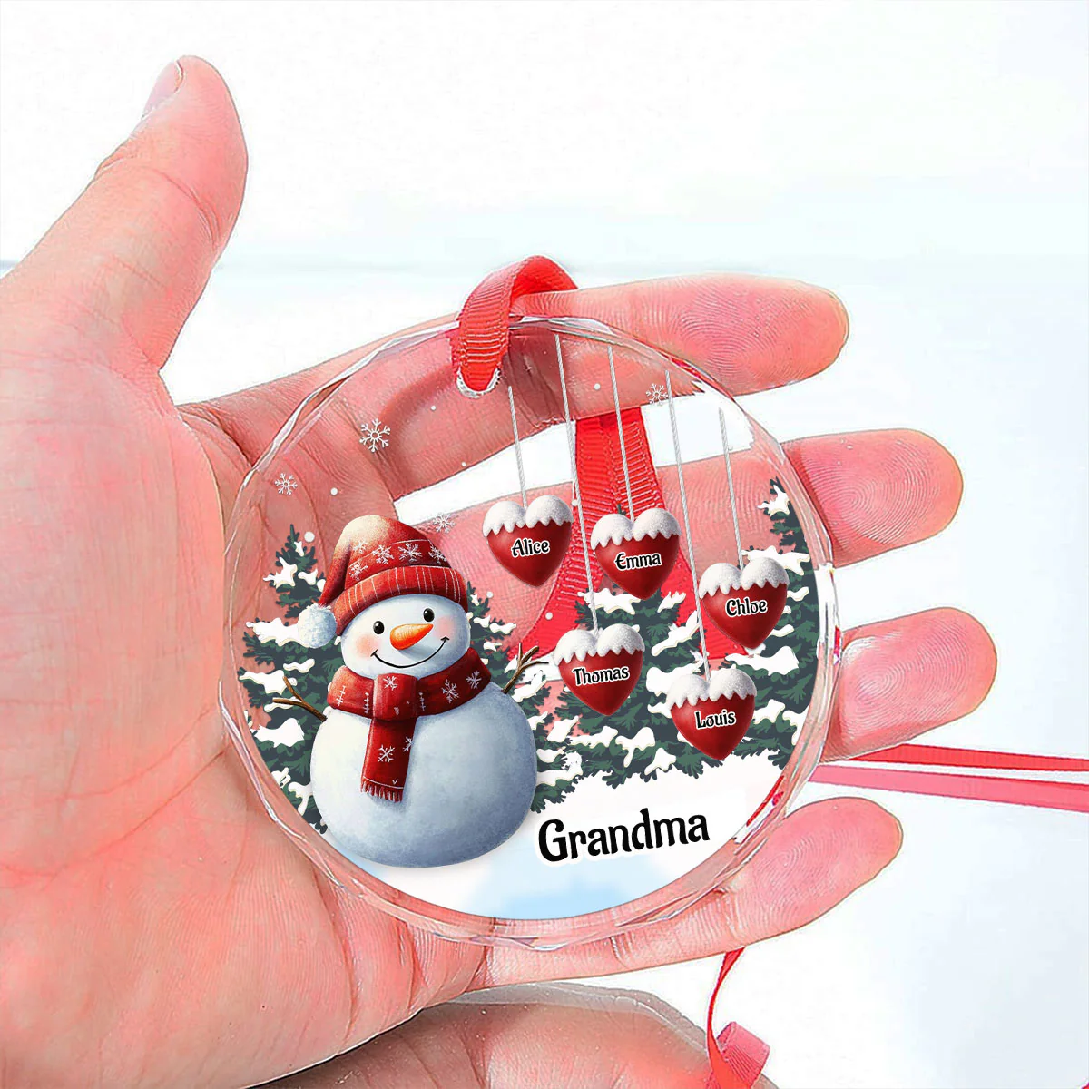 Snowman Kid And Grandma - Personalized Custom Glass Ornament - Image 4