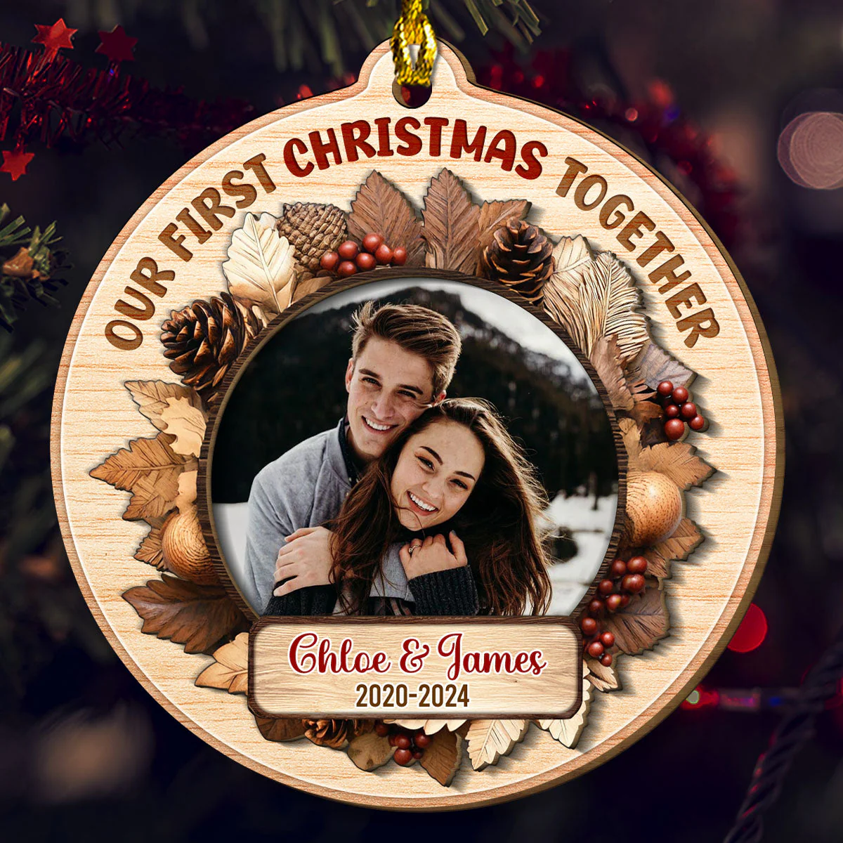 Snowy Love First Christmas - Personalized Custom Freeshape 2-Layered Wood Ornament - Image 2