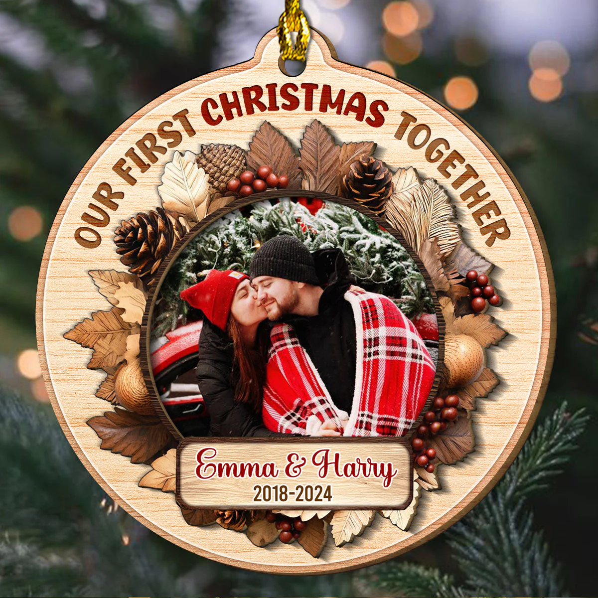 Snowy Love First Christmas - Personalized Custom Freeshape 2-Layered Wood Ornament - Image 3