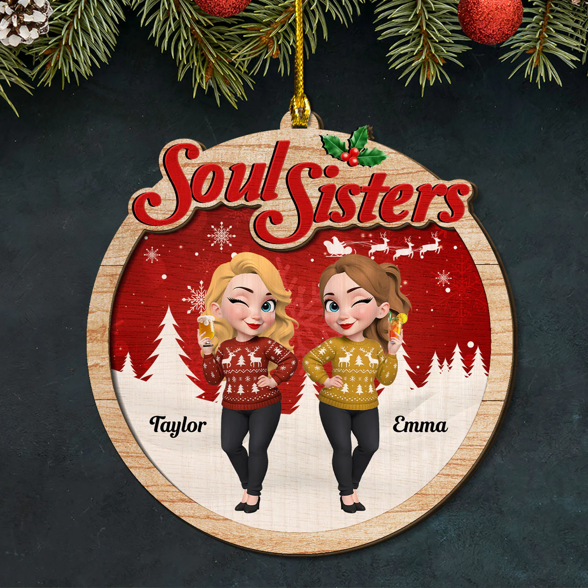 Soul Sisters - Personalized Custom 2-Layered Wood Ornament - Image 3