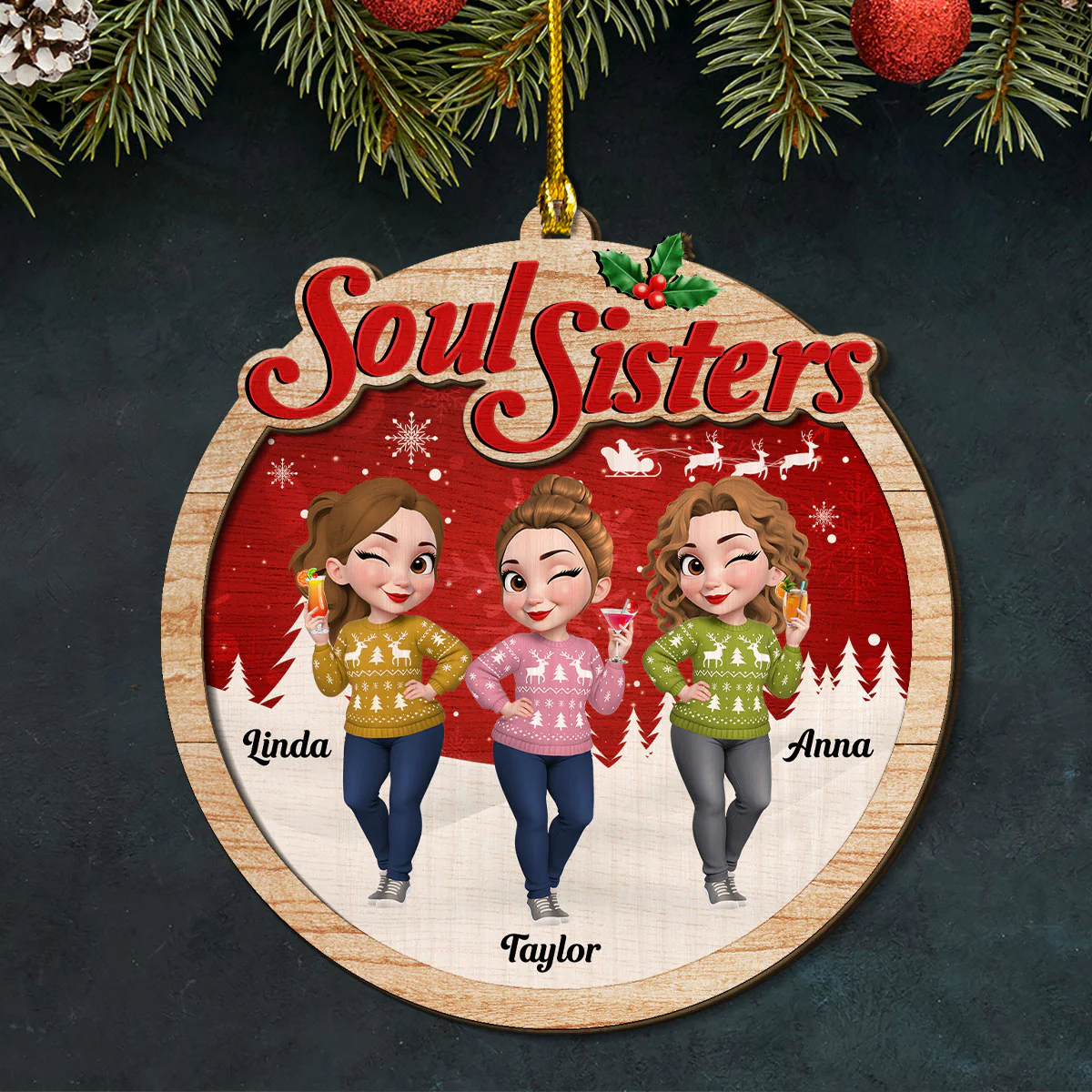 Soul Sisters - Personalized Custom 2-Layered Wood Ornament - Image 4