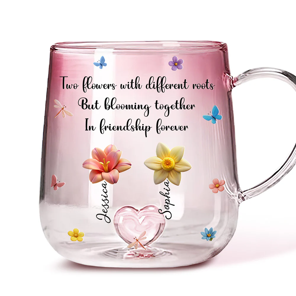 Strong Roots Endless Friendship Blossoms - Personalized Custom Pink Gradient Glass Mug - Image 2