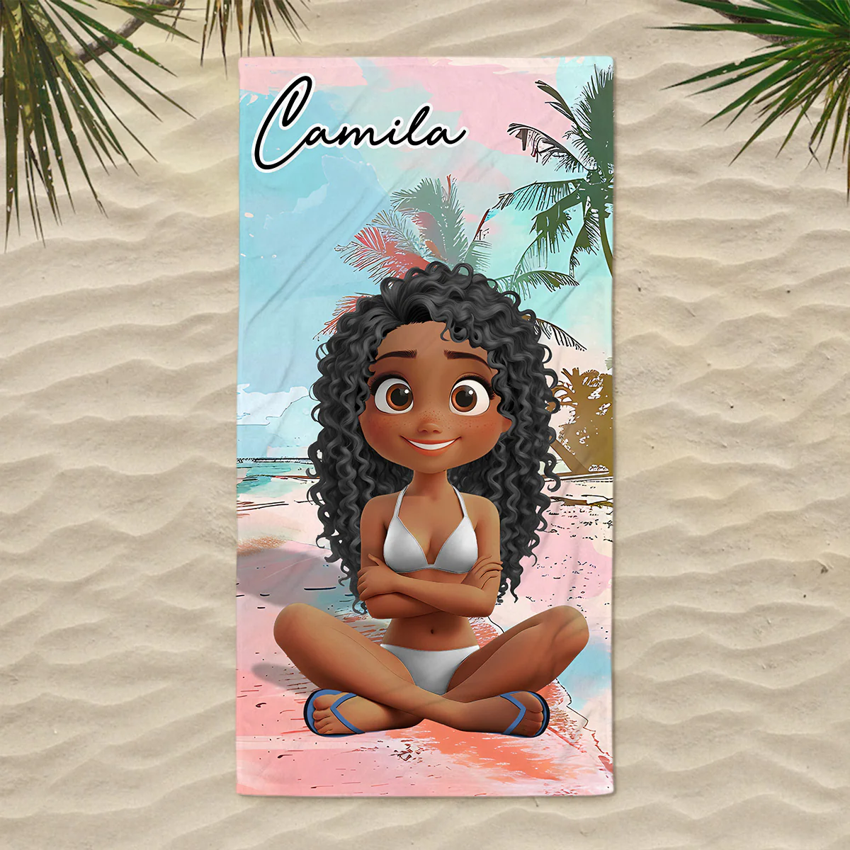 Summer Lady Cartoonize - Personalized Custom Beach Towel - Image 2