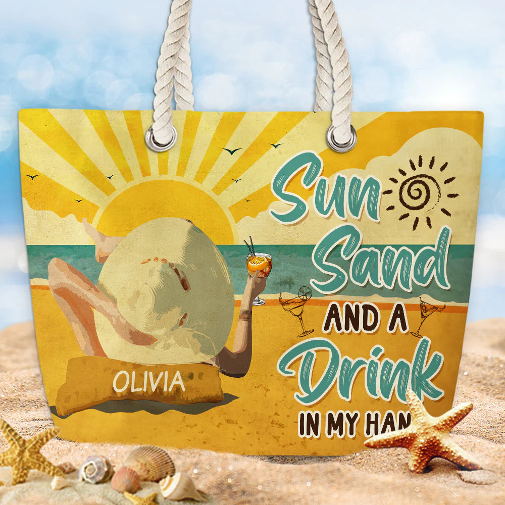 Sun Sand And A Drink In My Hand - Personalized Beach Bag - Image 3