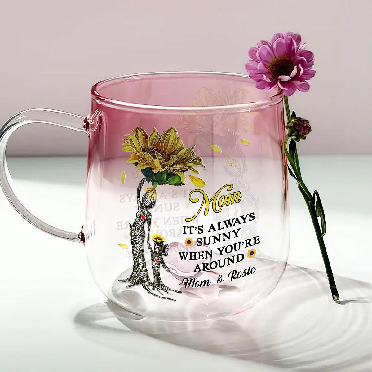 Sunflower Love - Personalized Custom Pink Gradient Glass Mug - Image 2