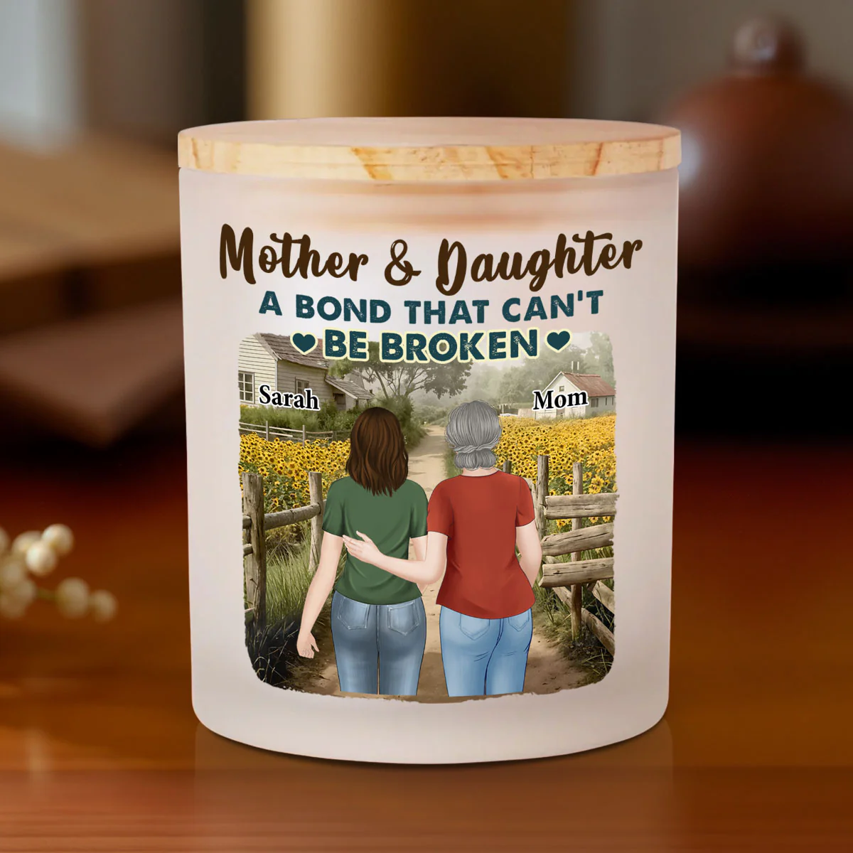 Sunflowers Mother And Child - Personalized Custom Glass Jar With LED Candle - Image 2