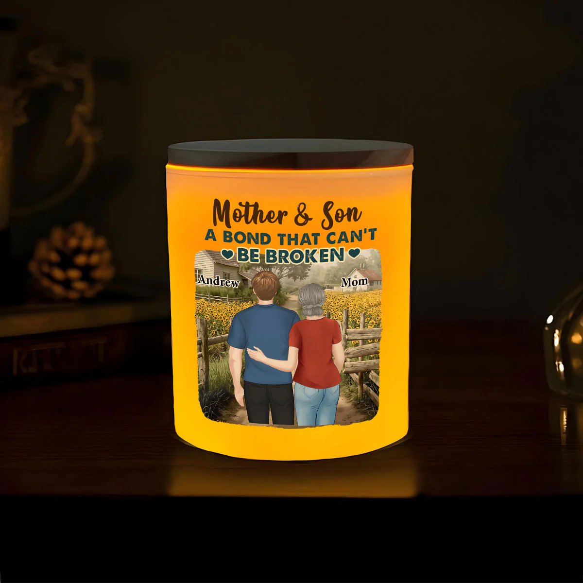 Sunflowers Mother And Child - Personalized Custom Glass Jar With LED Candle - Image 4