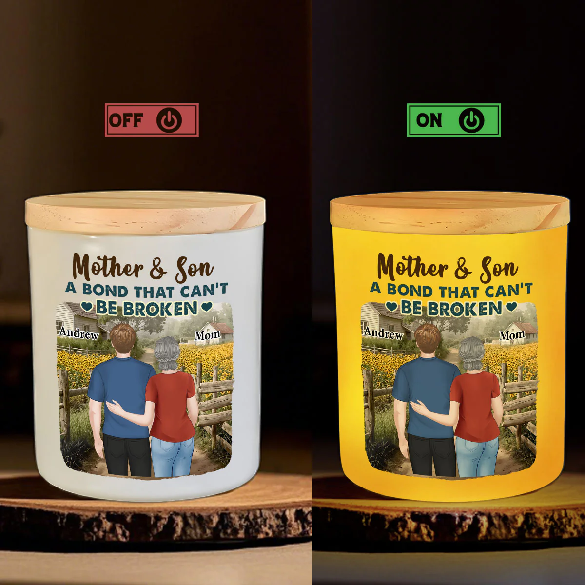 Sunflowers Mother And Child - Personalized Custom Glass Jar With LED Candle - Image 5