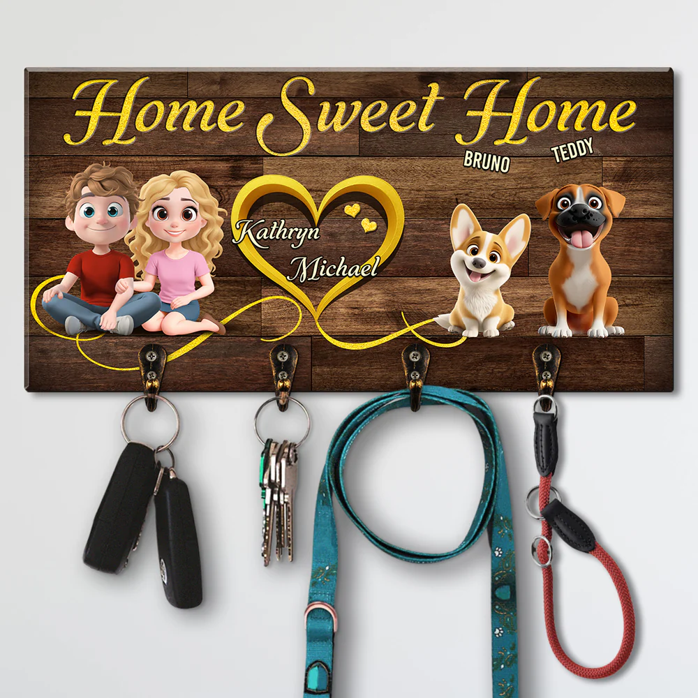 Sweet Dog And Human Family - Personalized Custom Wooden Key Holder