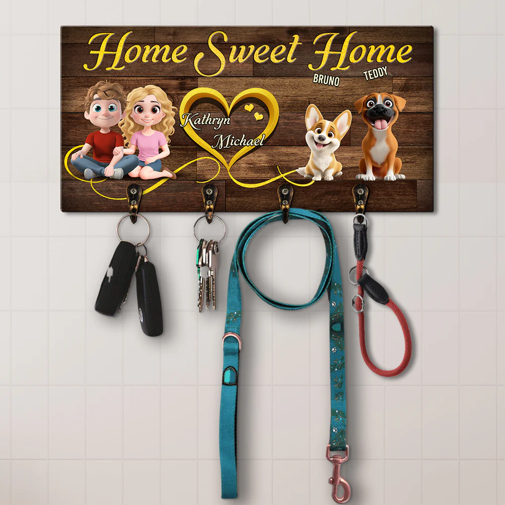 Sweet Dog And Human Family - Personalized Custom Wooden Key Holder - Image 2