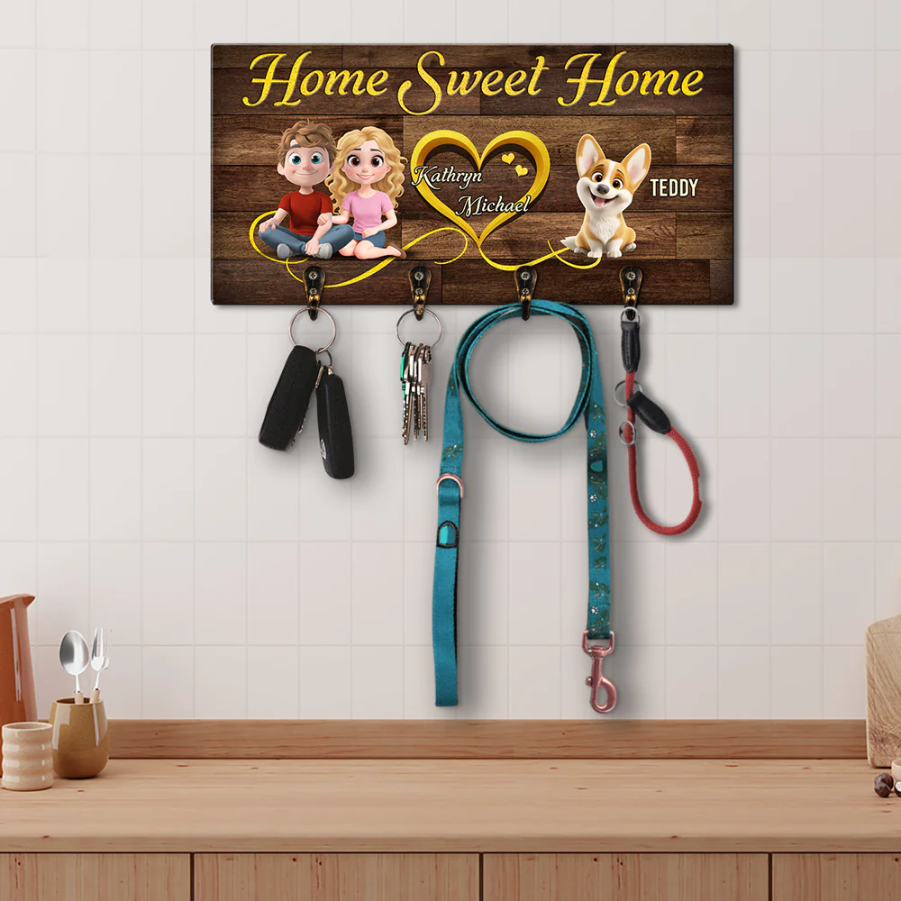 Sweet Dog And Human Family - Personalized Custom Wooden Key Holder - Image 4