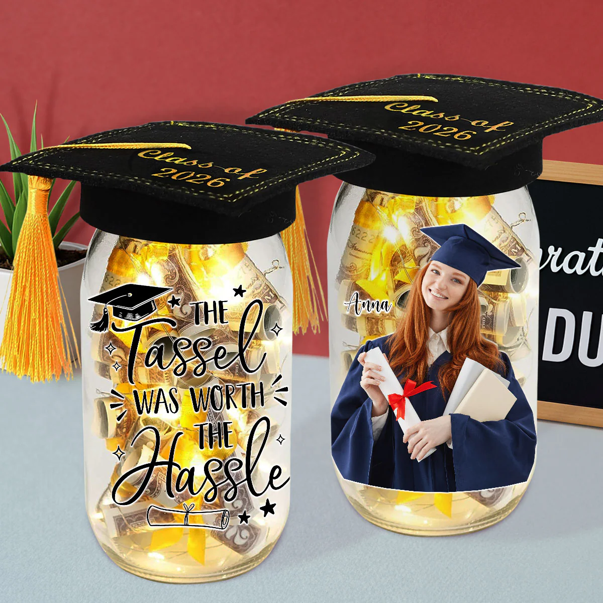 Tassel Worth Hassle - Personalized Custom Graduation Mason Jar Light - Image 2