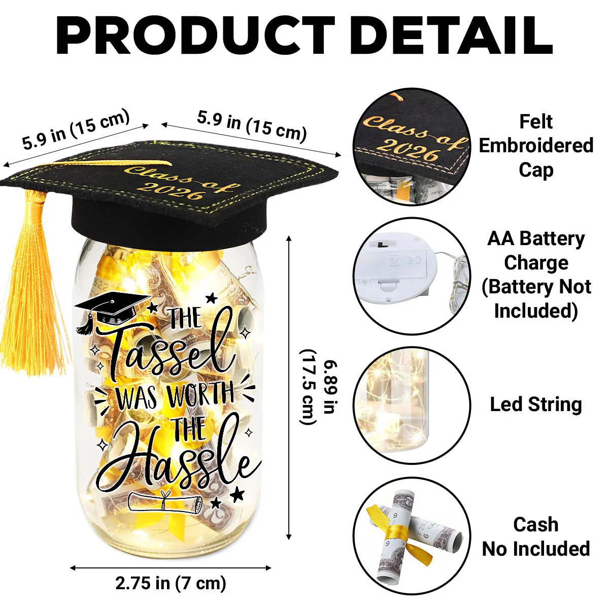 Tassel Worth Hassle - Personalized Custom Graduation Mason Jar Light - Image 5