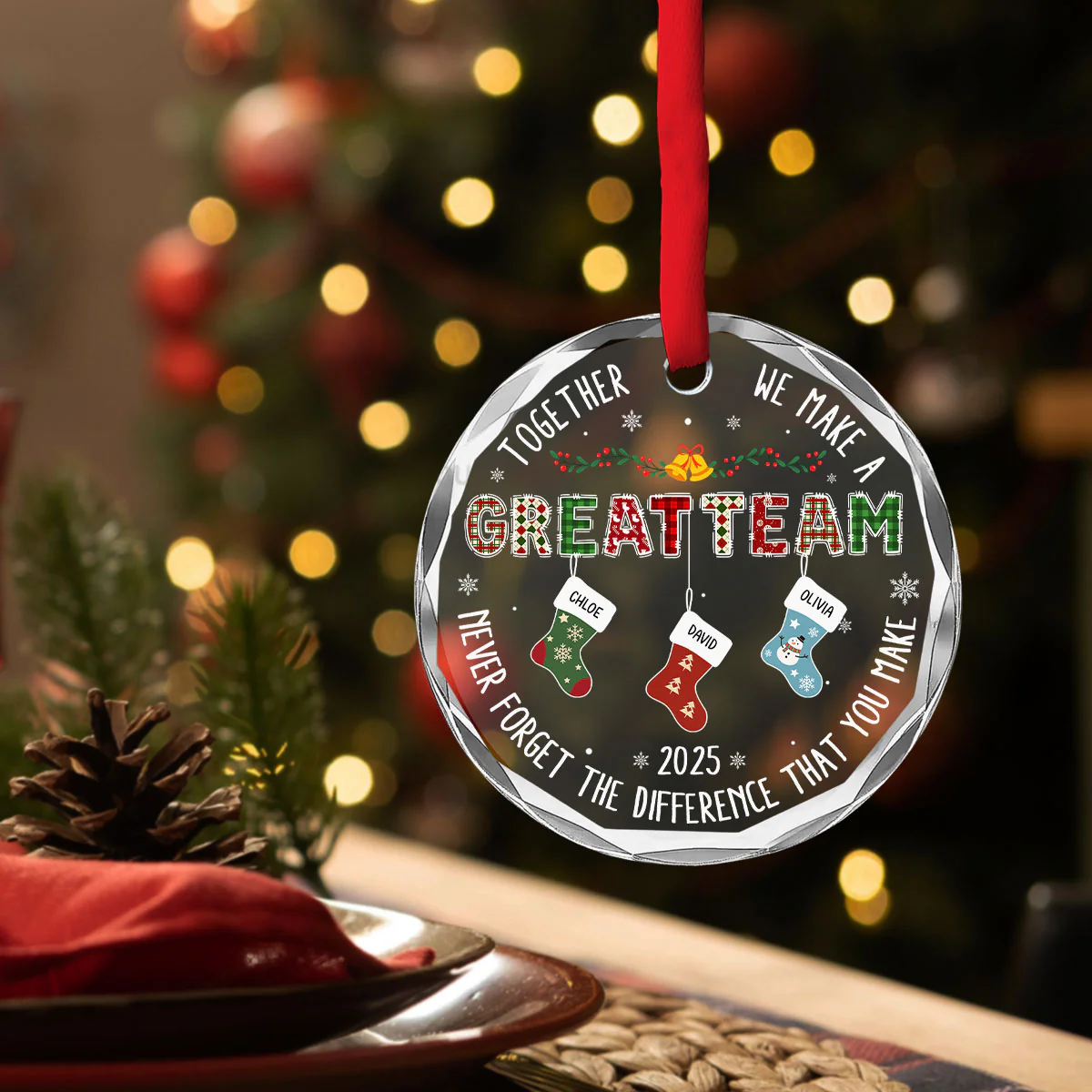 Teamwork Makes The Dream Work - Personalized Custom Glass Ornament - Image 3