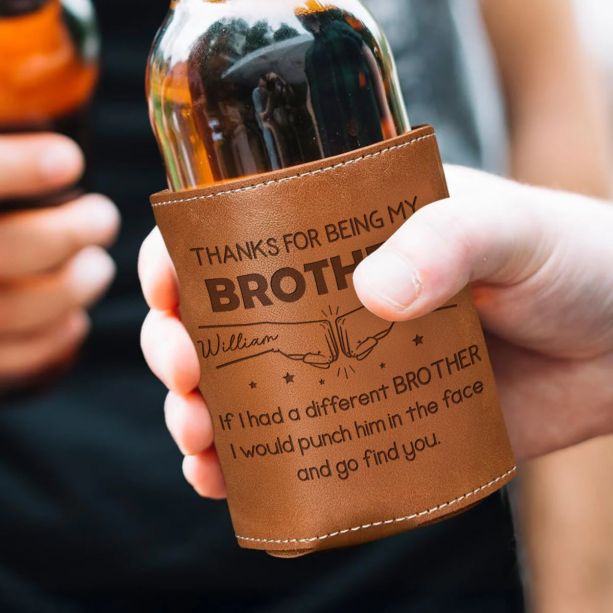 Thanks For Being My Brother - Personalized Custom Engraved Leather Can Cooler Holder - Image 2