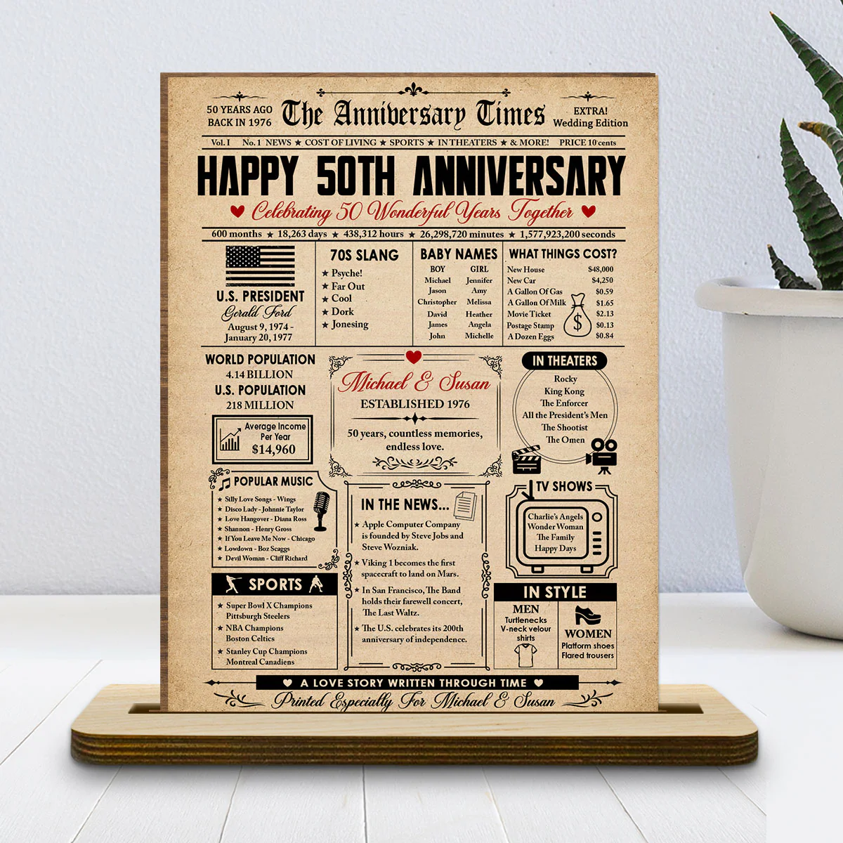 The Anniversary Times - Personalized Custom 2-Layer Wood Plaque With Flat Base - Image 2