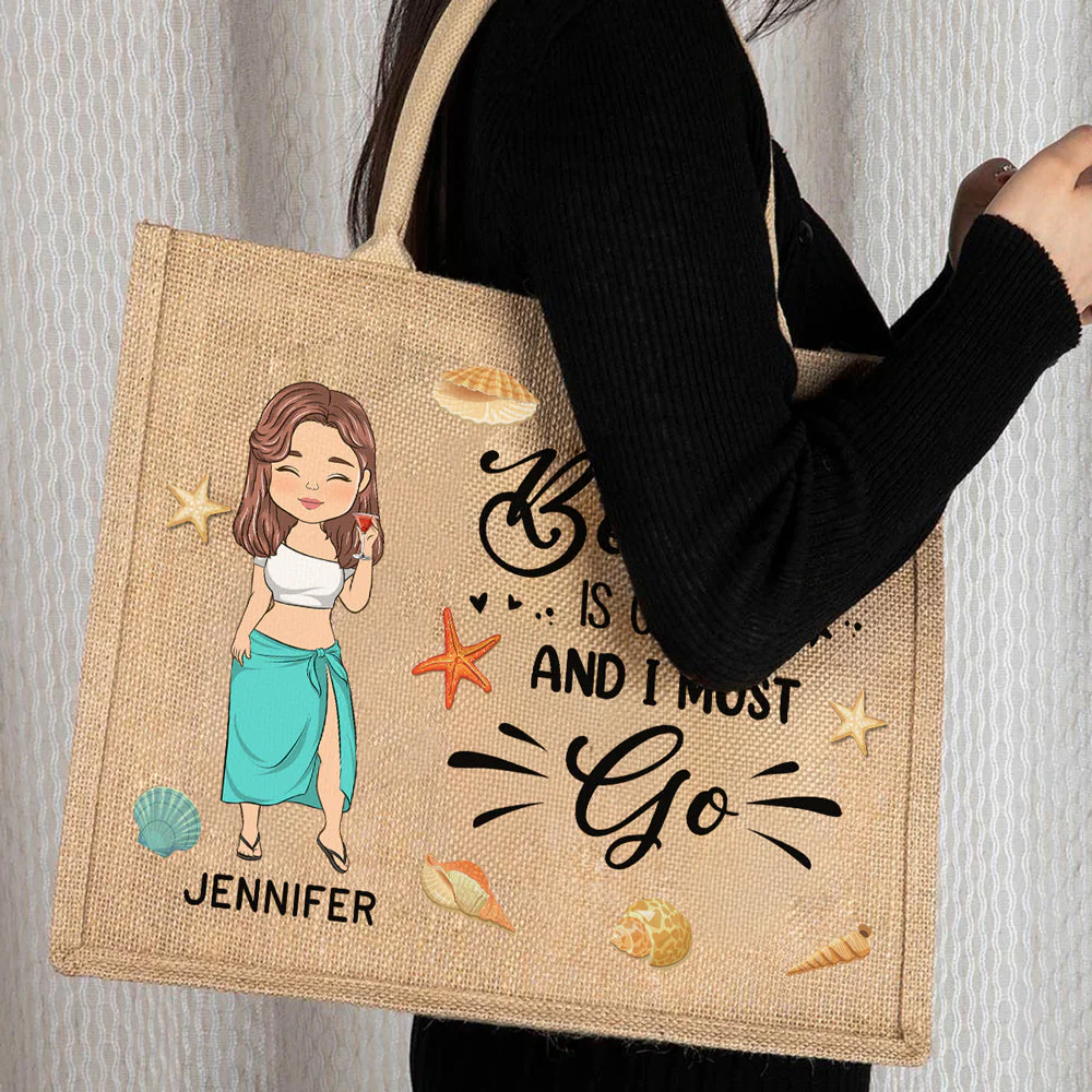 The Beach Is Calling And I Must Go - Personalized Custom Jute Tote Bag - Image 3