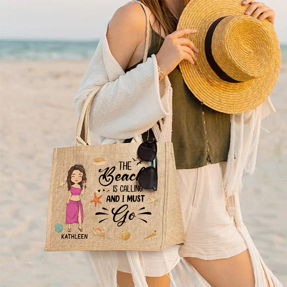 The Beach Is Calling And I Must Go - Personalized Custom Jute Tote Bag - Image 5