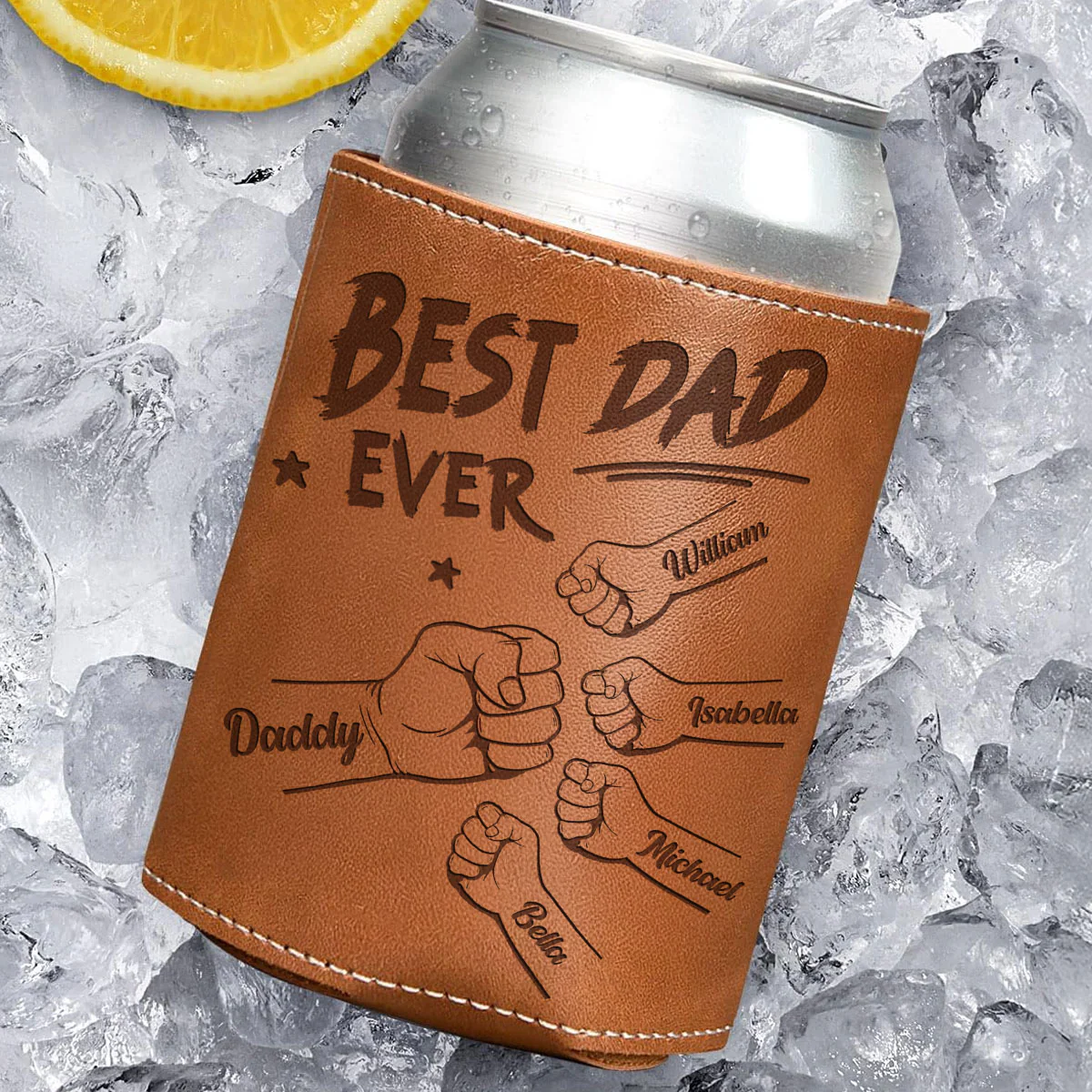 The Best Dad Ever - Personalized Custom Engraved Leather Can Cooler Holder - Image 3