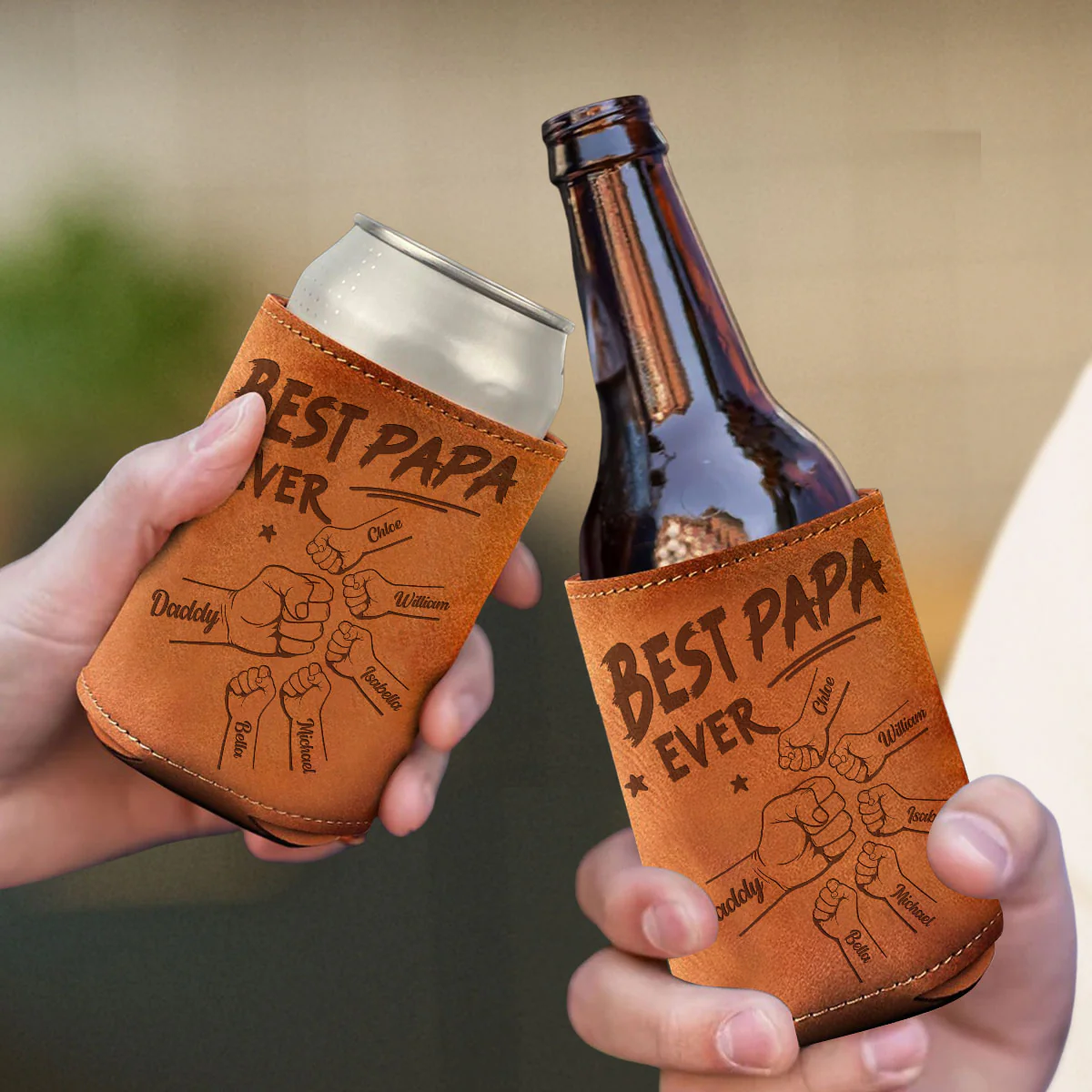 The Best Dad Ever - Personalized Custom Engraved Leather Can Cooler Holder - Image 4