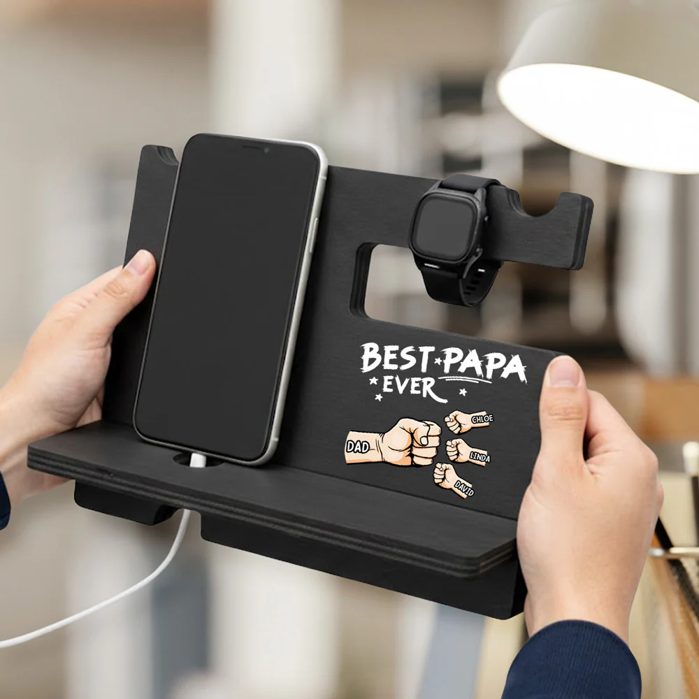 The Best Dad Grandpa Ever - Personalized Custom Wood Phone Docking Station - Image 3