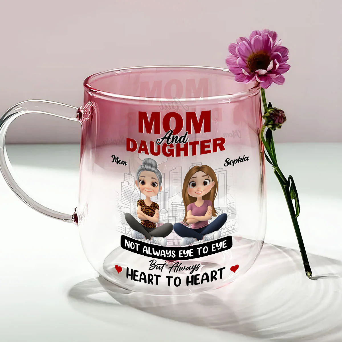 The Bond Of Love Between Mother And Daughter - Personalized Custom Pink Gradient Glass Mug - Image 2