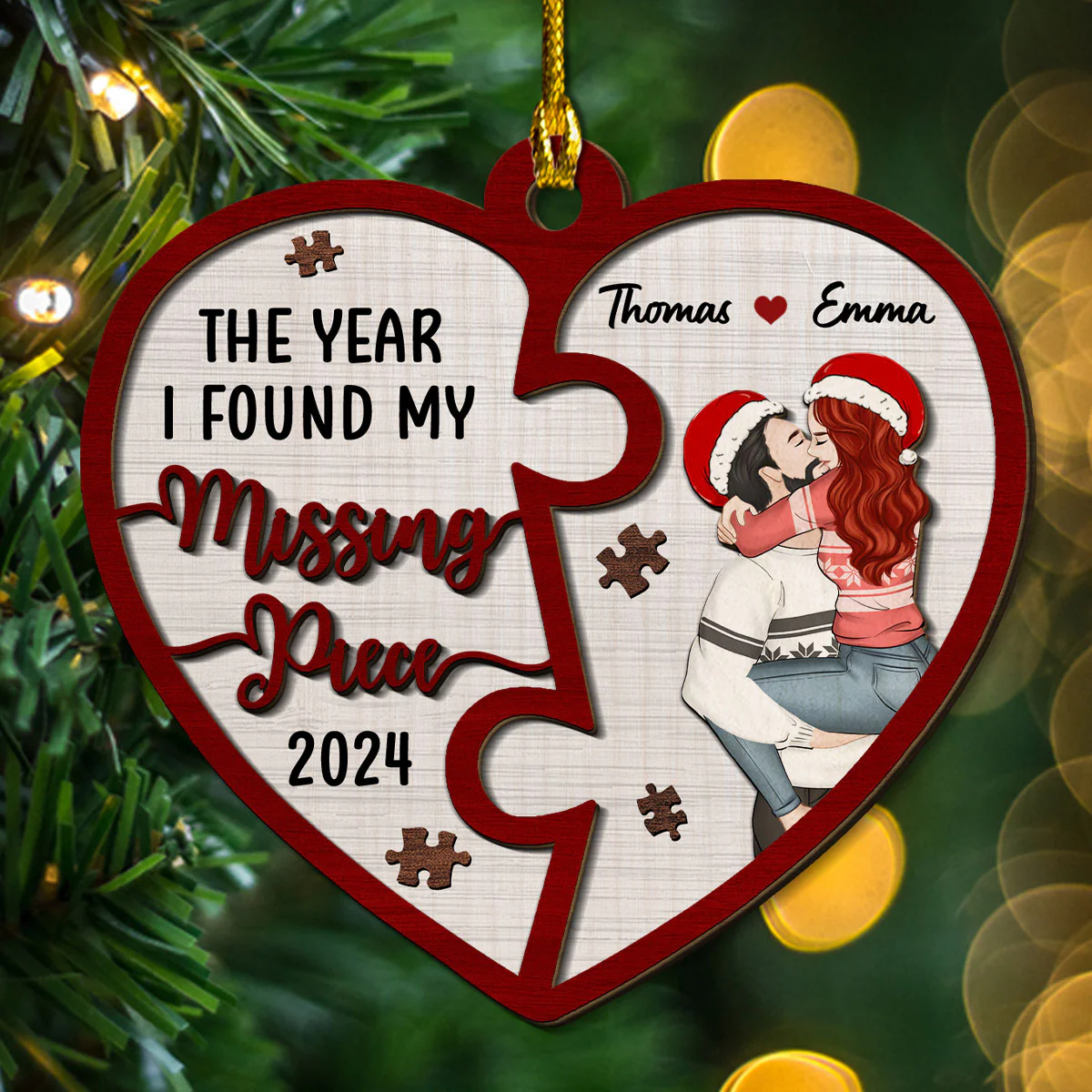The Year I Found My Missing Piece Heart Puzzle - Personalized Custom 2-Layered Wood Ornament - Image 3