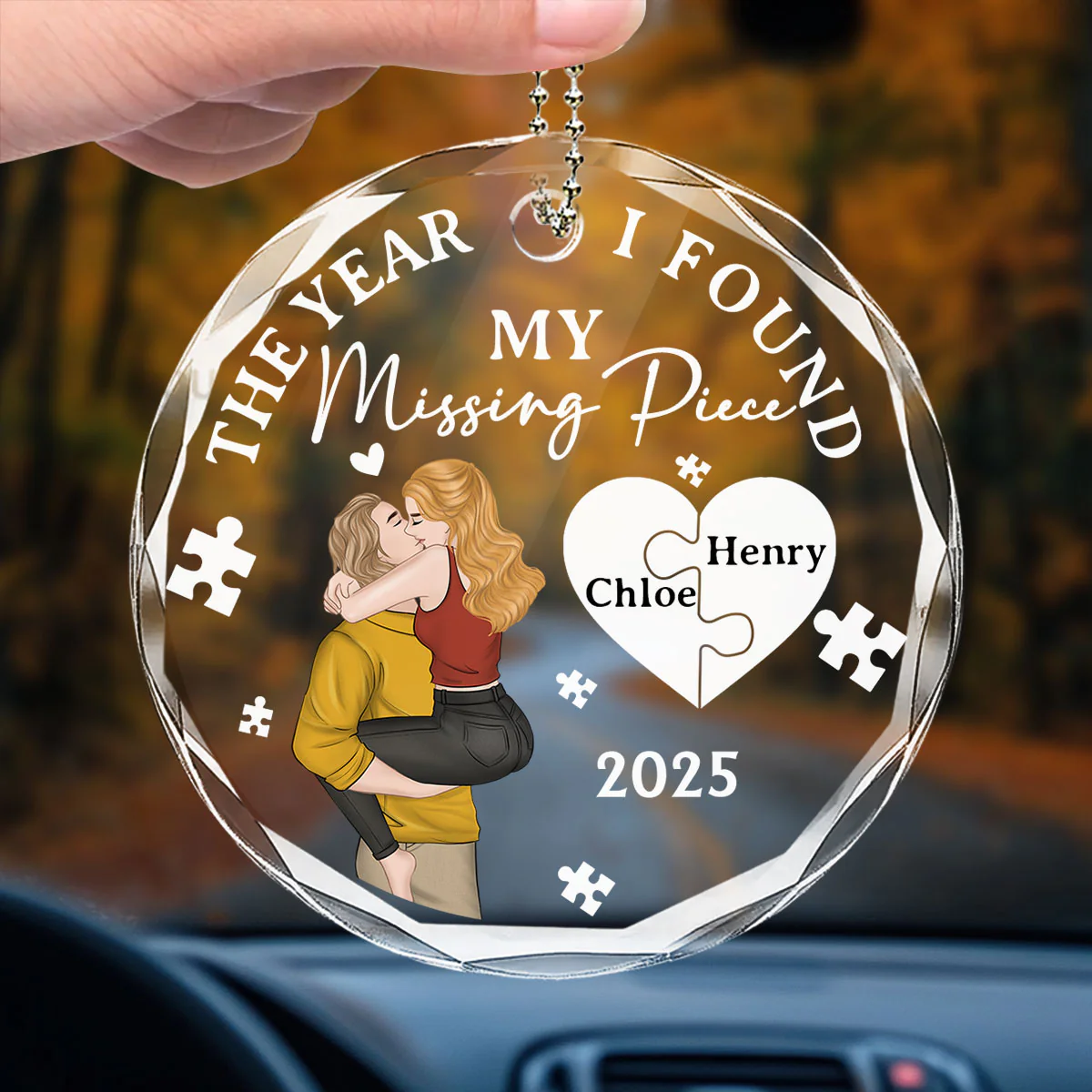 The Year I Found My Missing Piece Kissing - Personalized Custom Glass Car Ornament - Image 2