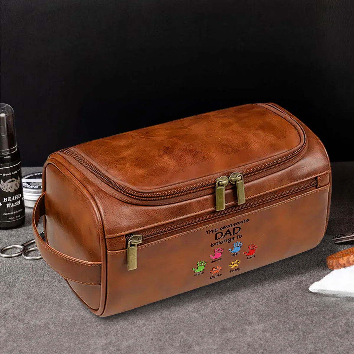 This Awesome Dad Belong To - Personalized Custom Leather Toiletry Bag - Image 3