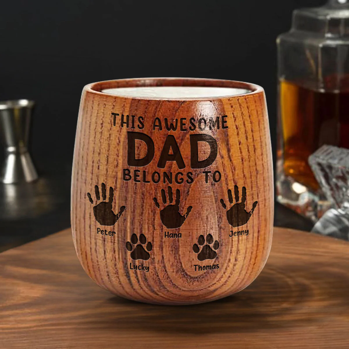 This Awesome Daddy Belongs To - Personalized Custom Engraved Wooden Whiskey Glass