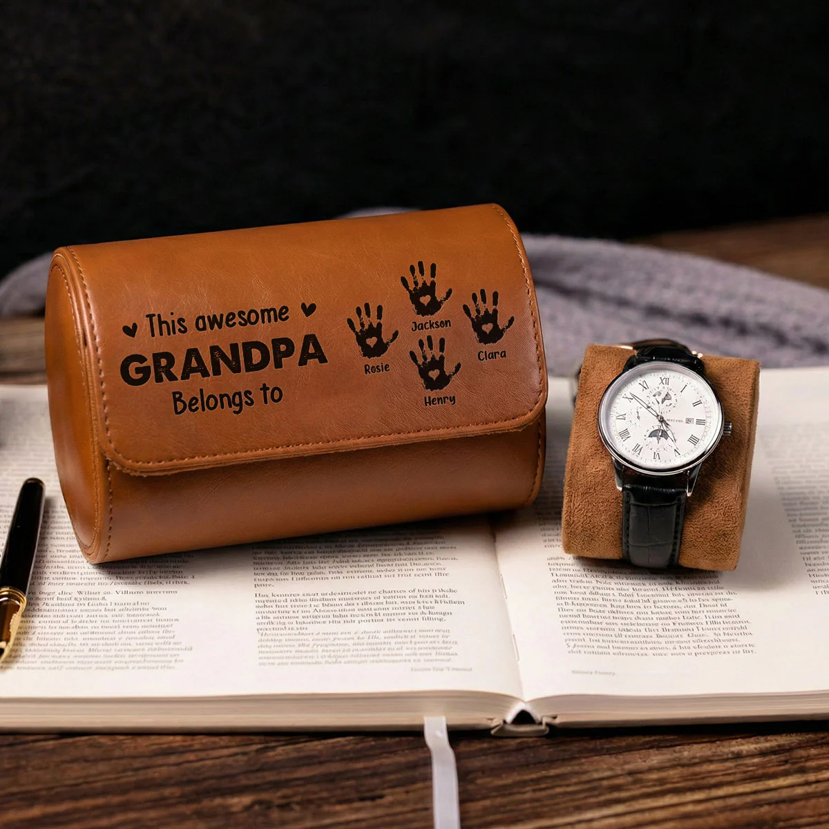 This Awesome Grandpa Belongs To - Personalized Custom Leather Watch Case - Image 3
