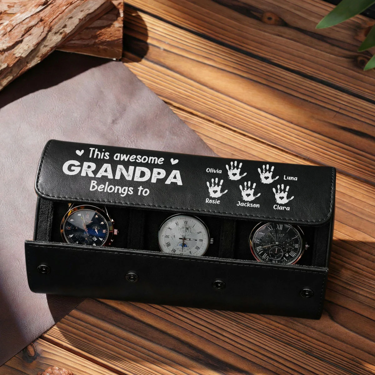 This Awesome Grandpa Belongs To - Personalized Custom Leather Watch Case - Image 4