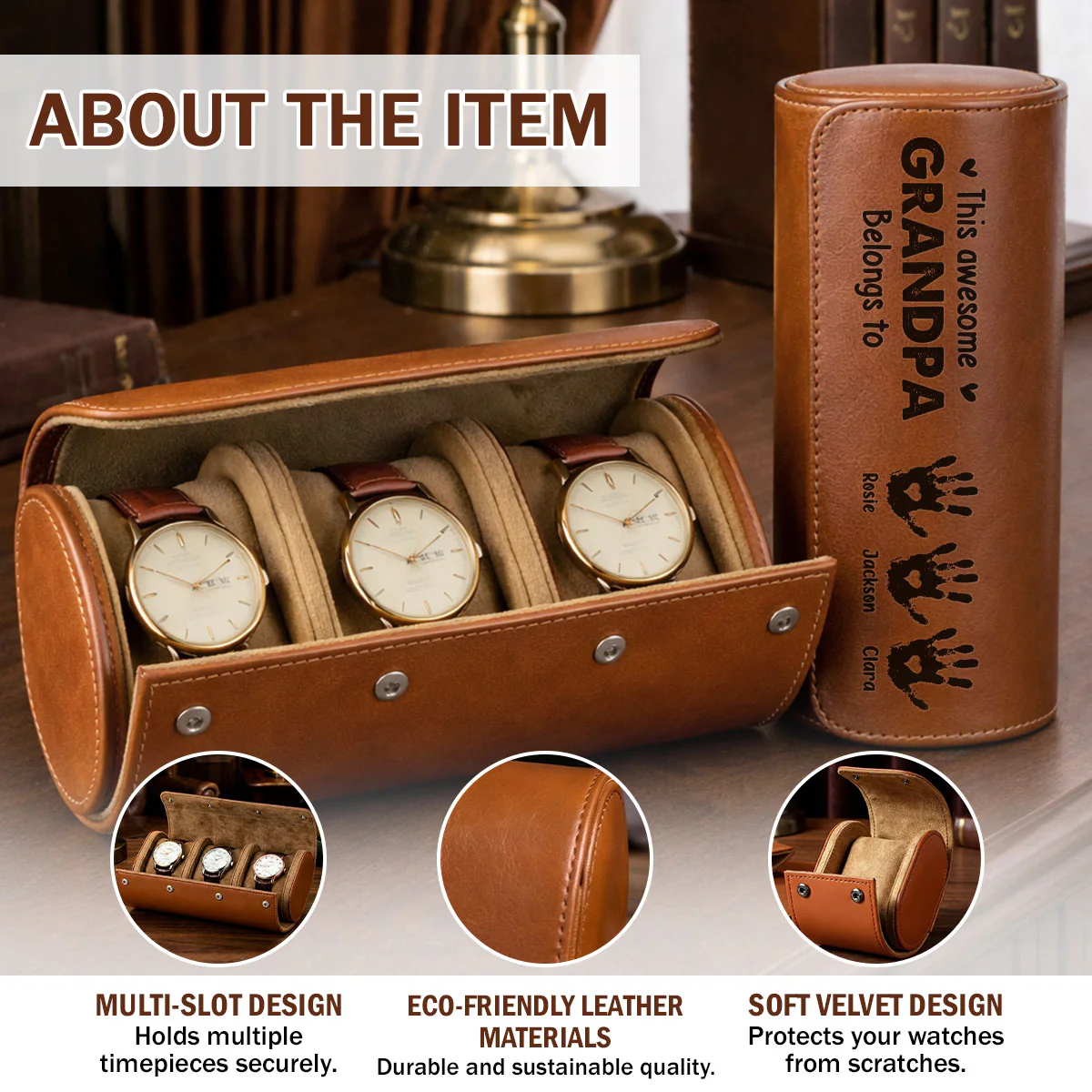 This Awesome Grandpa Belongs To - Personalized Custom Leather Watch Case - Image 6