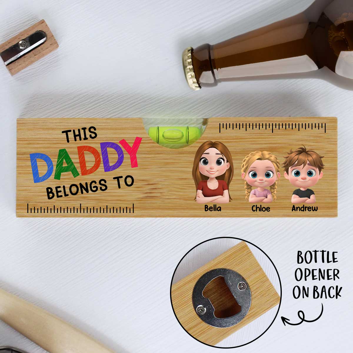 This Daddy Papa Belongs To - Personalized Custom Wooden Spirit Level Bottle Opener