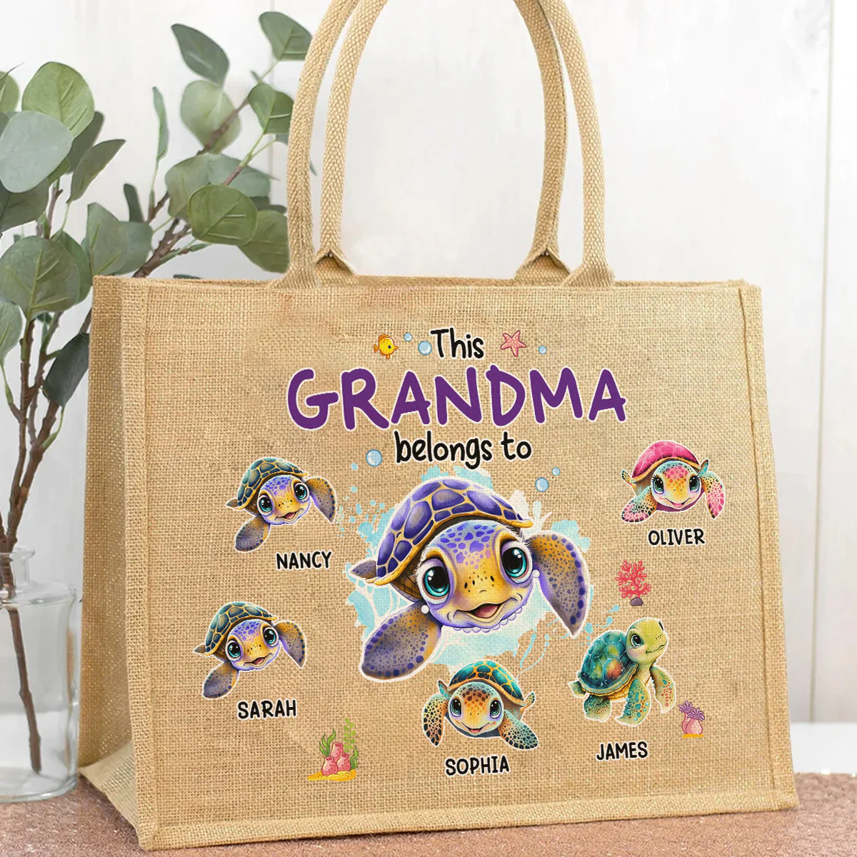 This Grandma Belongs To - Personalized Custom Jute Tote Bag - Image 2