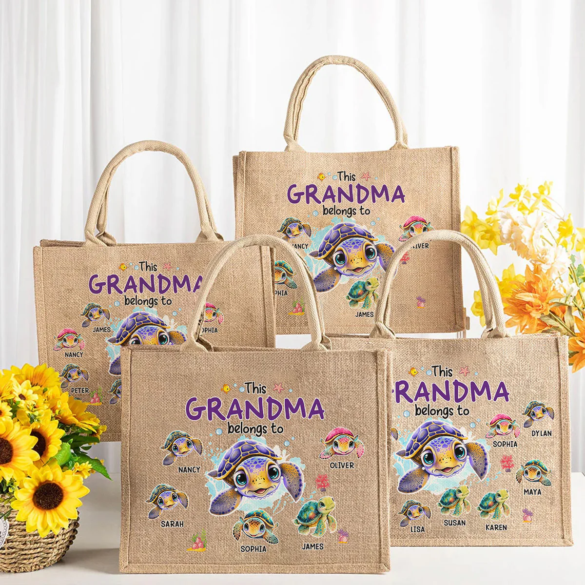 This Grandma Belongs To - Personalized Custom Jute Tote Bag - Image 4