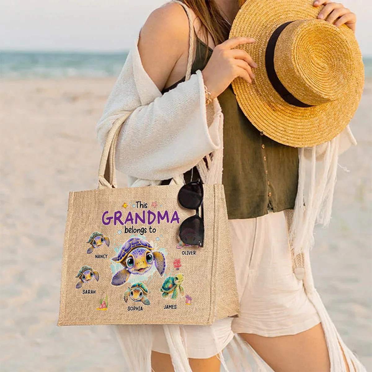This Grandma Belongs To - Personalized Custom Jute Tote Bag - Image 6
