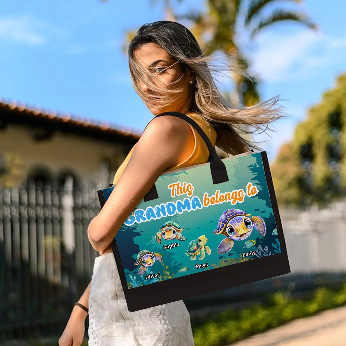 This Grandma Belongs To Turtle Summer - Personalized Custom Canvas Tote Bag - Image 3