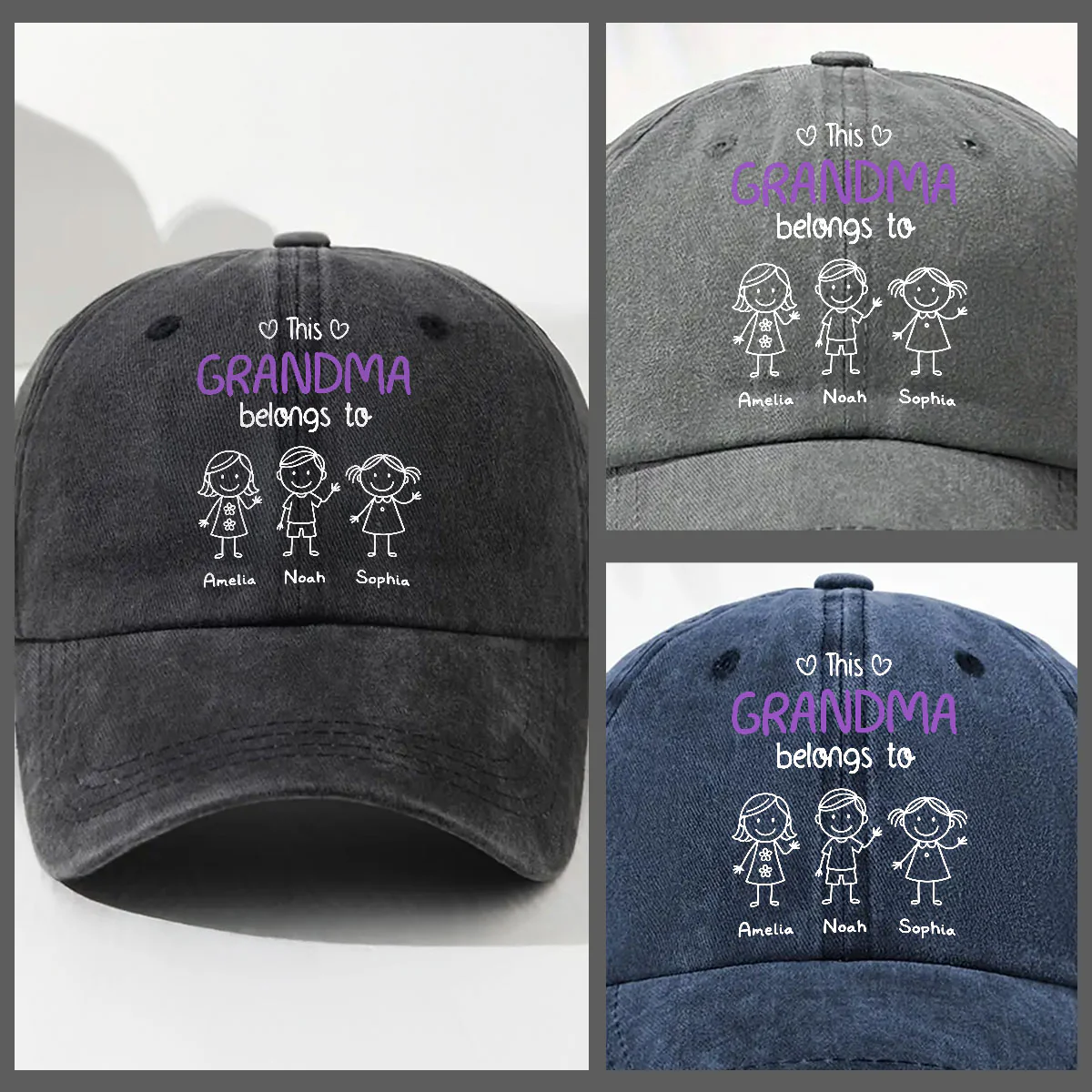 This Grandma Belongs To Us - Personalized Custom Vintage Washed Denim Cap - Image 3
