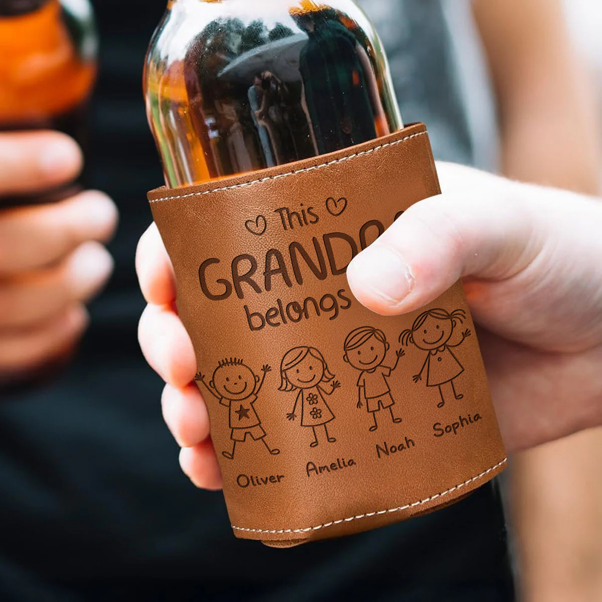 This Grandpa Belongs To Us - Personalized Custom Engraved Leather Can Cooler Holder - Image 2