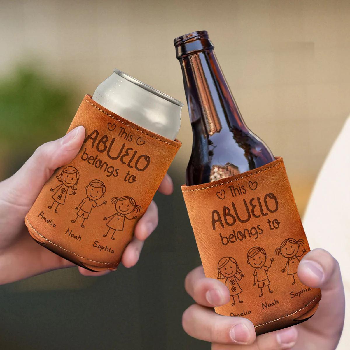 This Grandpa Belongs To Us - Personalized Custom Engraved Leather Can Cooler Holder - Image 4