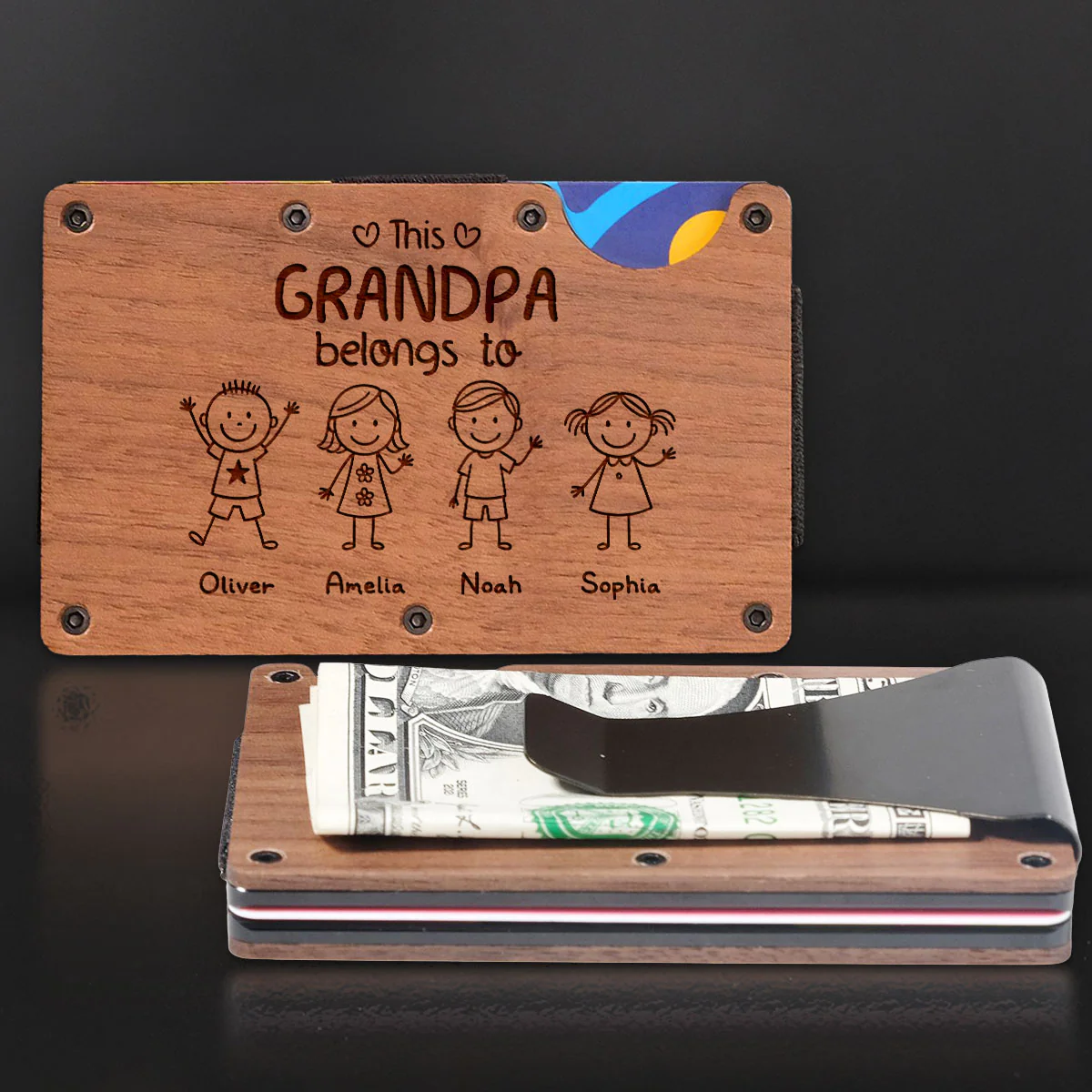 This Grandpa Belongs To Us - Personalized Custom Engraved Wooden Card Holder