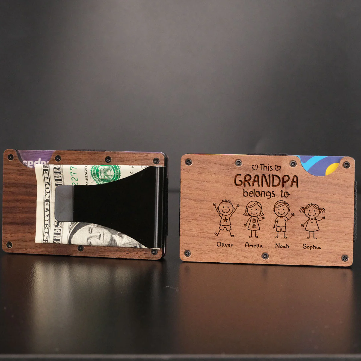 This Grandpa Belongs To Us - Personalized Custom Engraved Wooden Card Holder - Image 3
