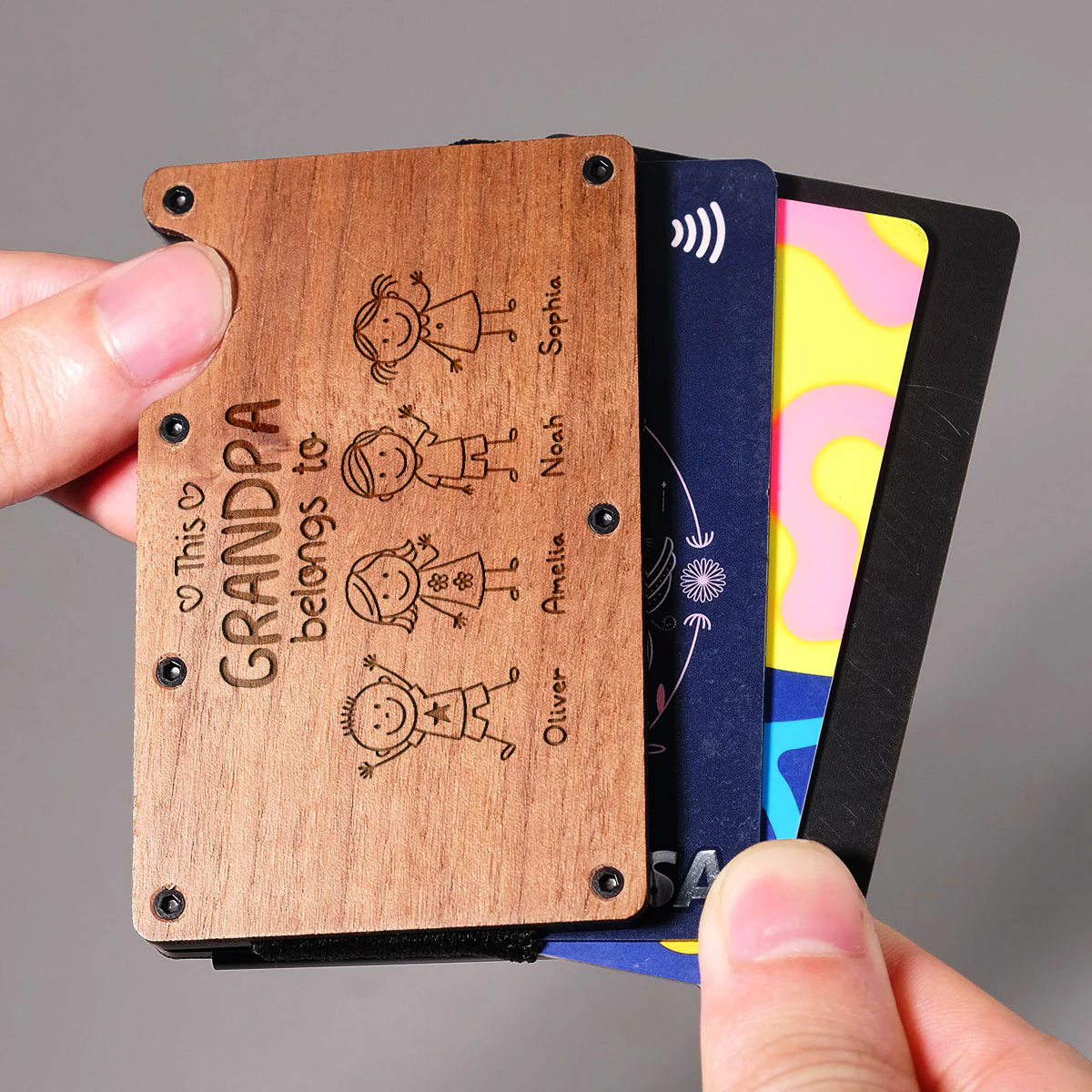 This Grandpa Belongs To Us - Personalized Custom Engraved Wooden Card Holder - Image 4