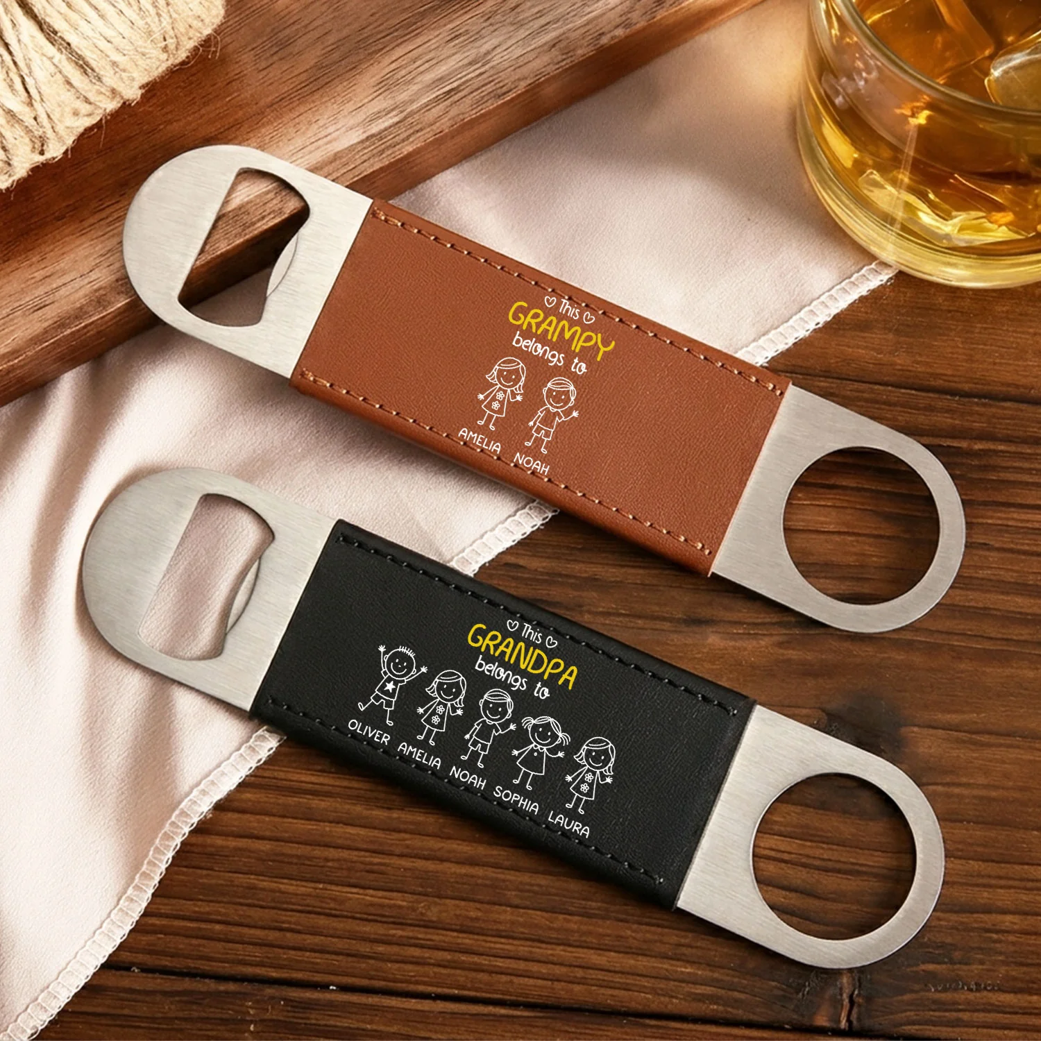 This Grandpa Belongs To Us - Personalized Custom Leather Bottle Opener - Image 3