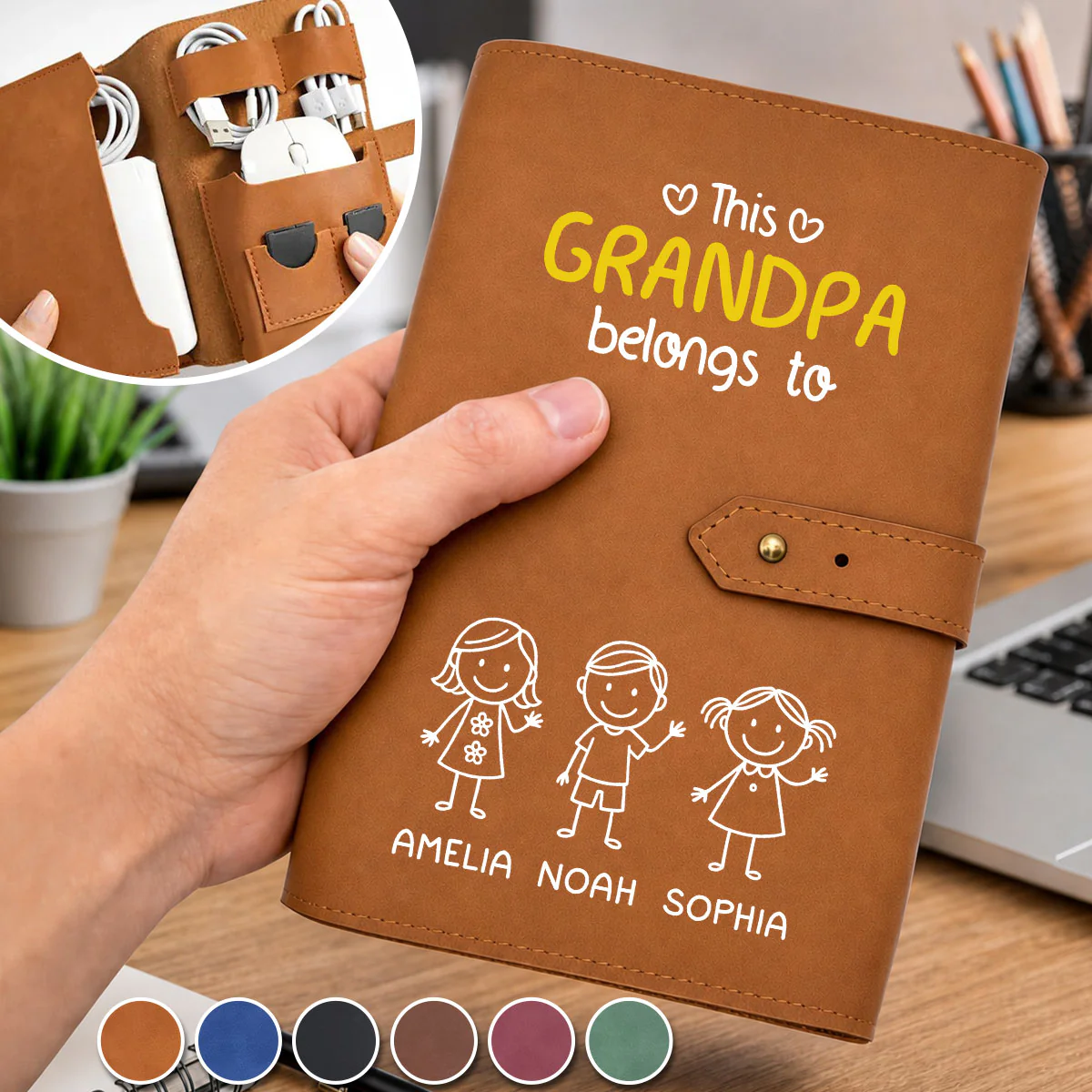 This Grandpa Belongs To Us - Personalized Custom Leather Charger Bag