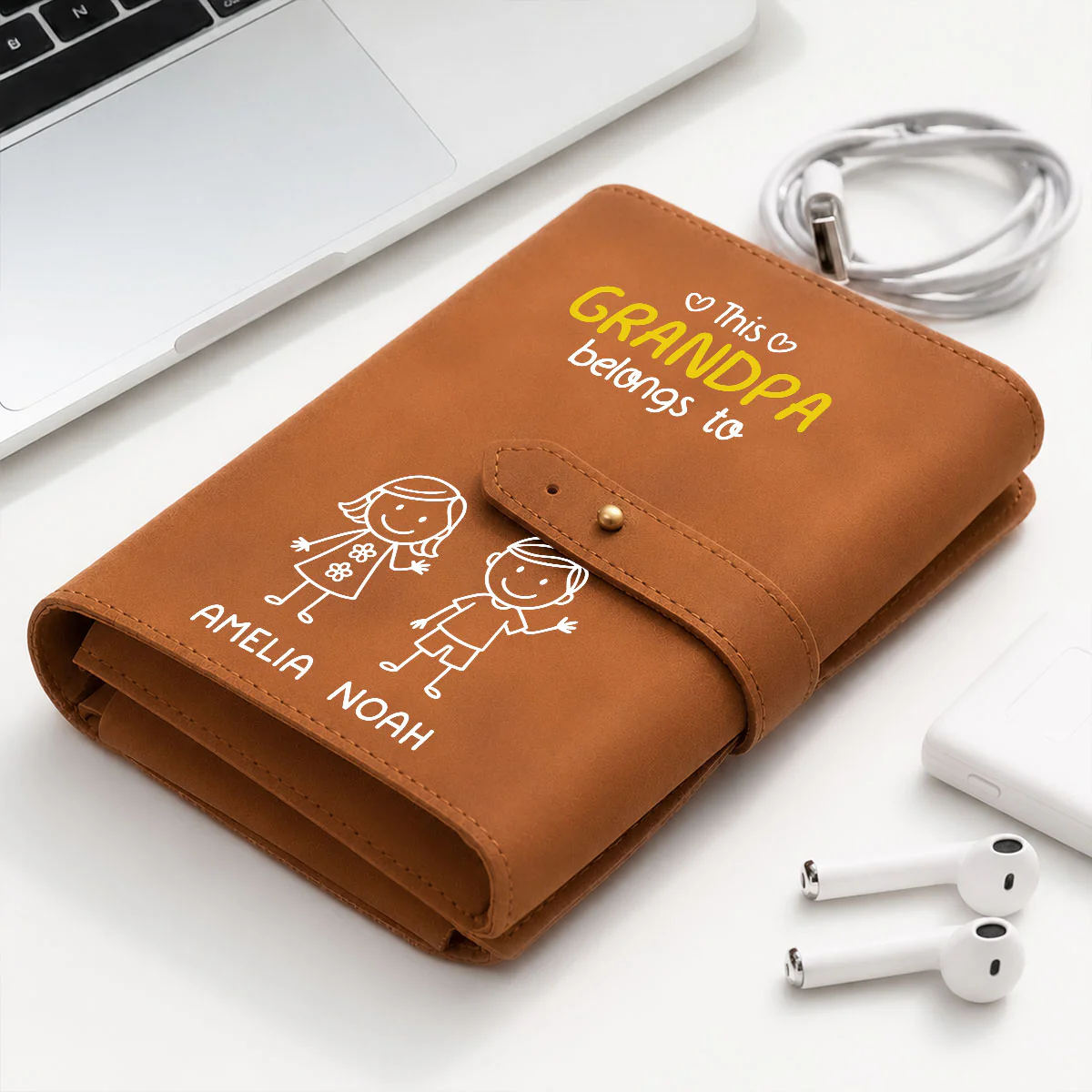 This Grandpa Belongs To Us - Personalized Custom Leather Charger Bag - Image 3