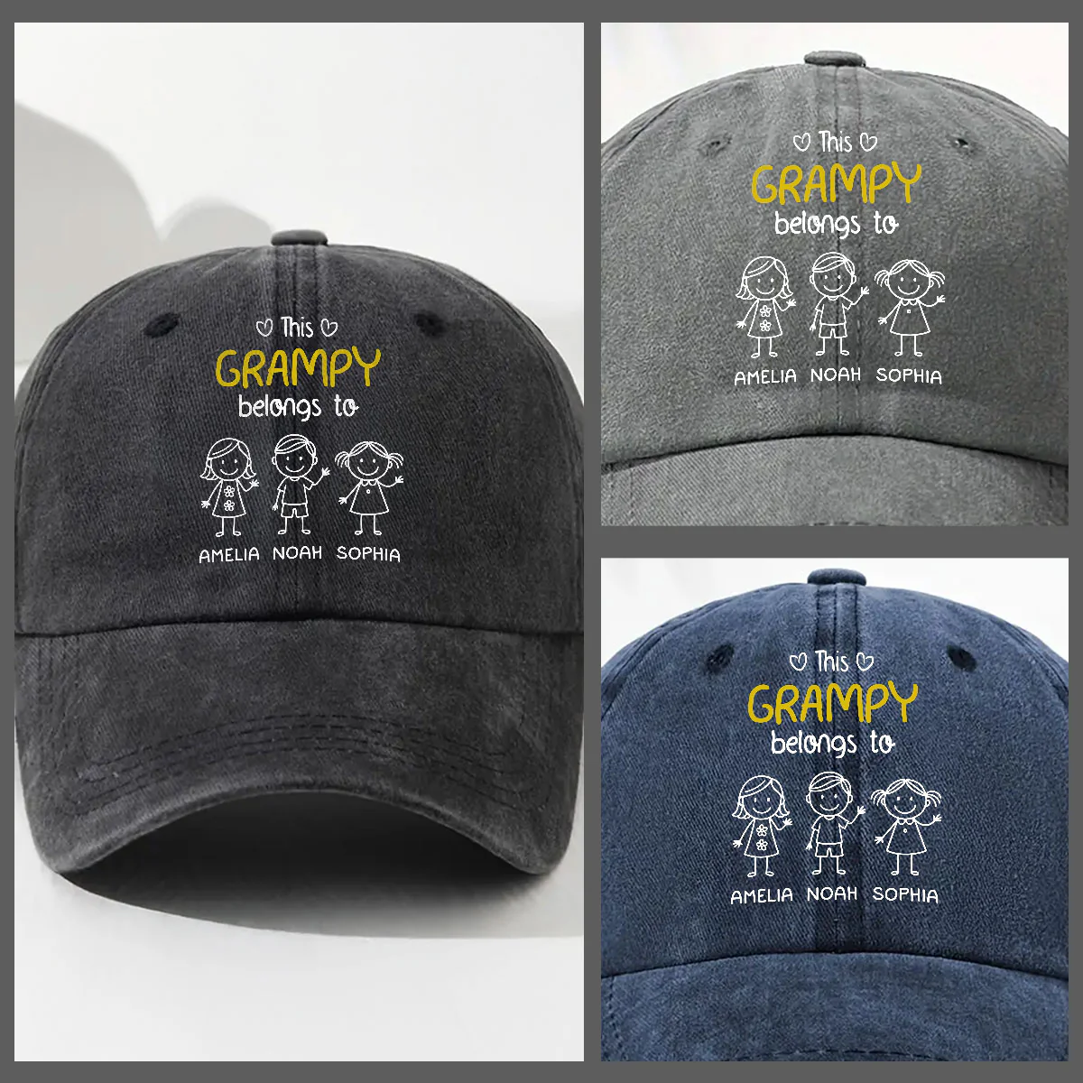 This Grandpa Belongs To Us - Personalized Custom Vintage Washed Denim Cap - Image 3