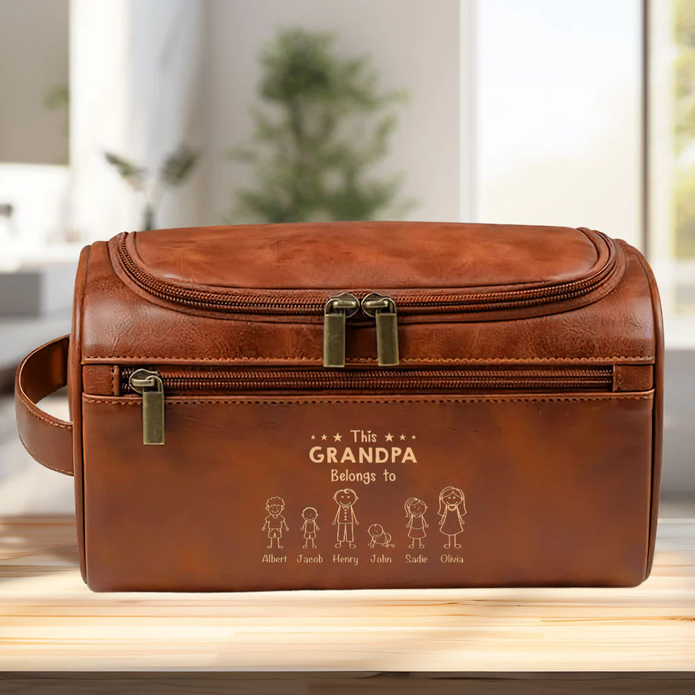 This Papa Belongs To - Personalized Custom Engraved Leather Toiletry Bag - Image 2